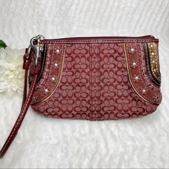 Coach Wine Wristlet Signature Canvas Studs Leather - Picture 2 of 9
